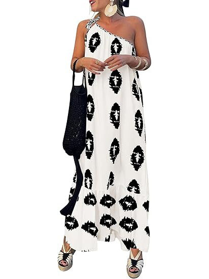 One-Shoulder Printed Flowy Boho Beach Vacation Maxi Dress