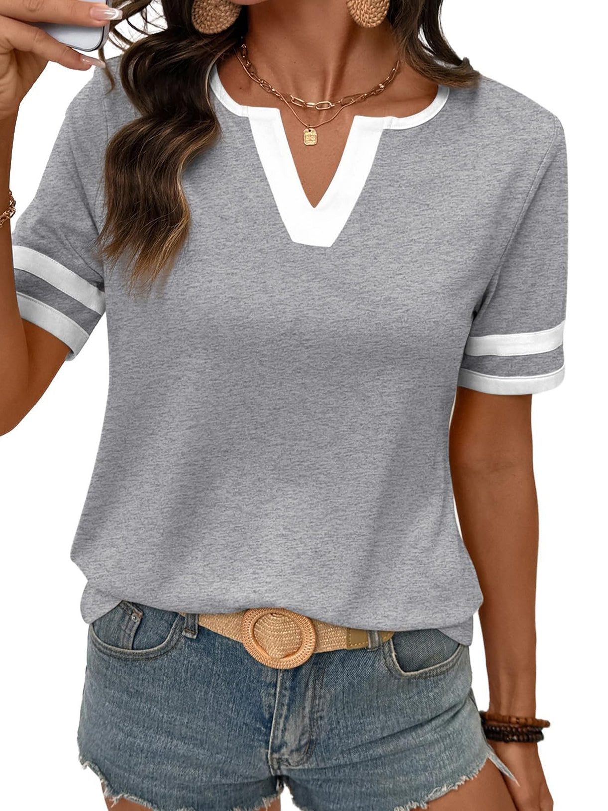 Women's 2026 Summer V-Neck Colorblock Top