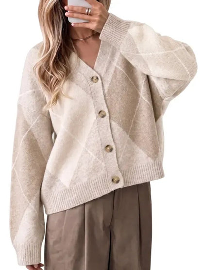Women's Argyle Color Block V Neck Cardigan