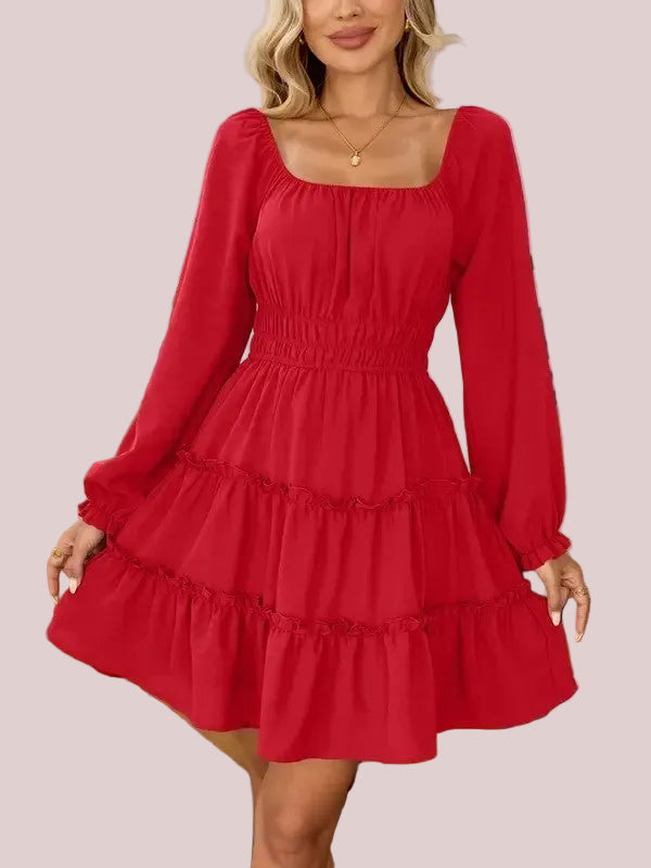 Women's Square Neck Boho Mini Dress with Pockets