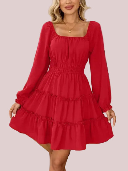 Women's Square Neck Boho Mini Dress with Pockets