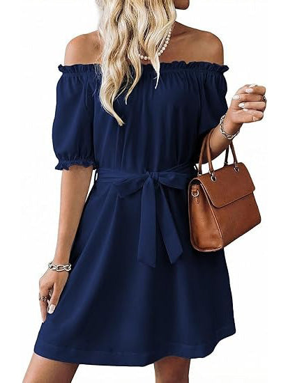 Women's Off The Shoulder Ruffle Sleeve Belted Dress