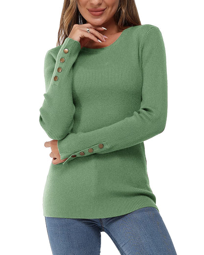 Women's Long-Sleeve Button Crew Neck Pullover Sweater