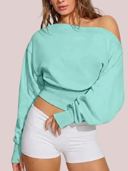 Women's Off Shoulder Cropped Sweatshirt with Thumb Holes