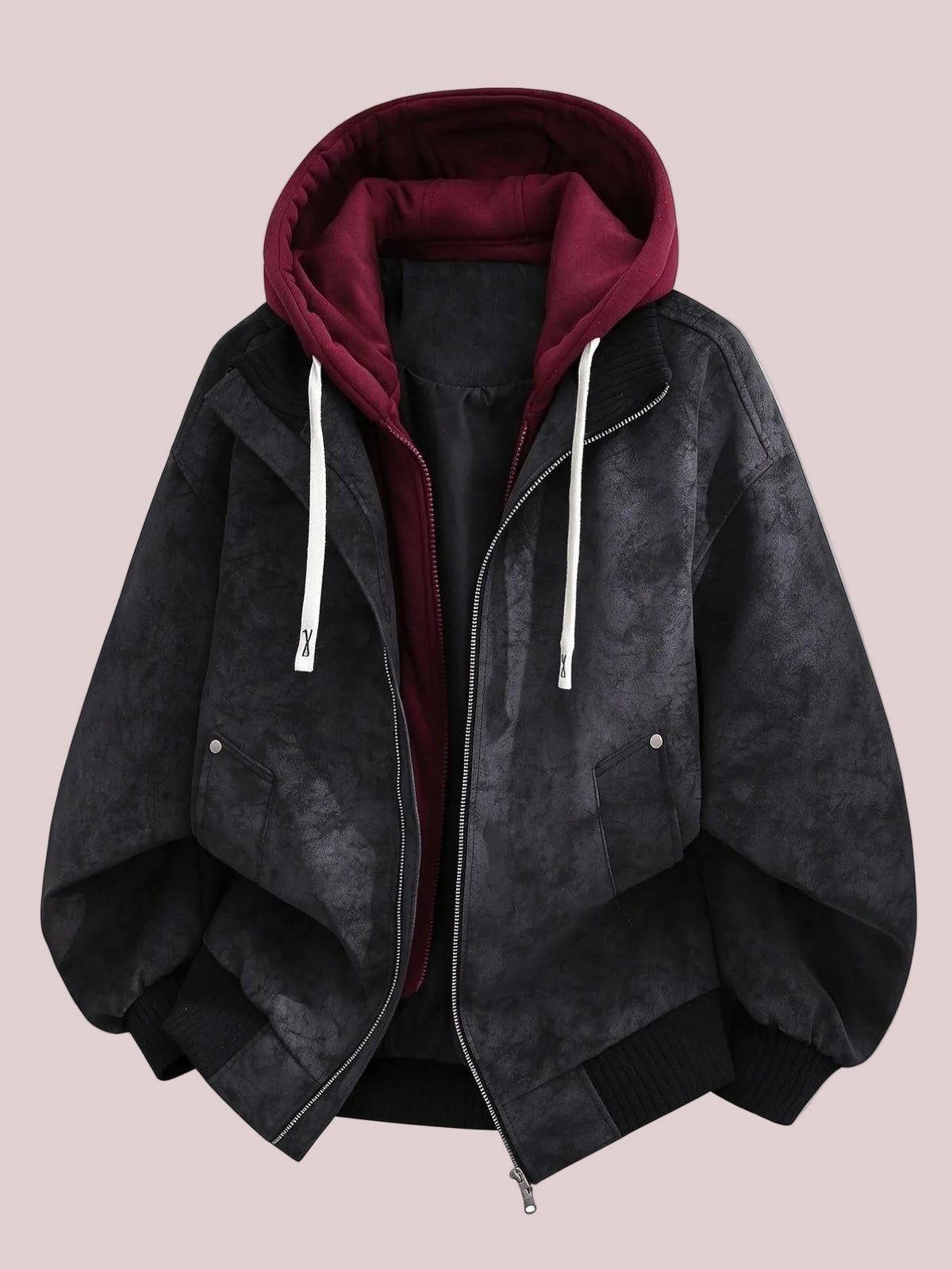 Vintage Distressed Fake Two-Piece Hooded Bomber Jacket