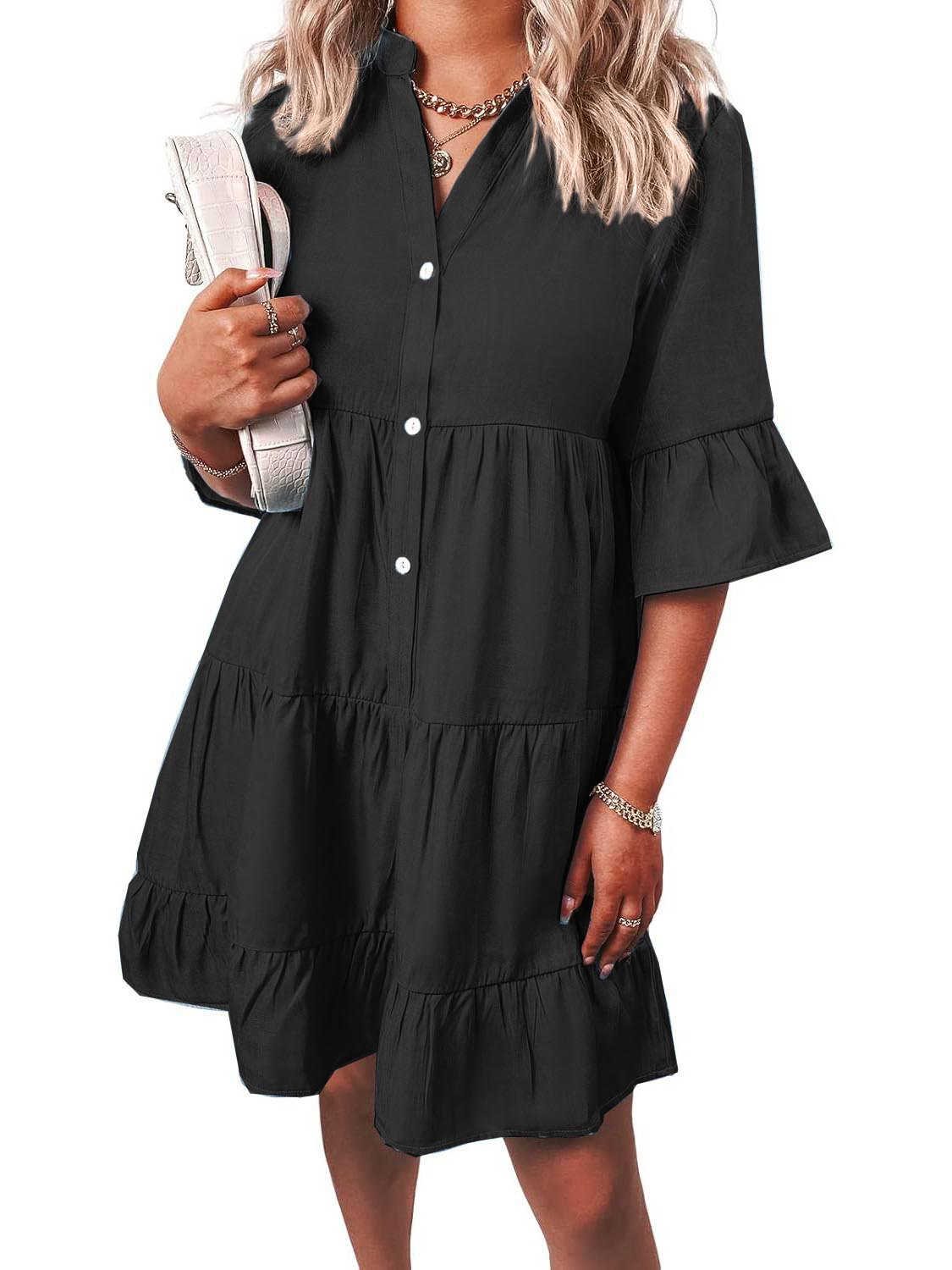 Women's Casual V Neck Ruffle Short Sleeve Summer Dress