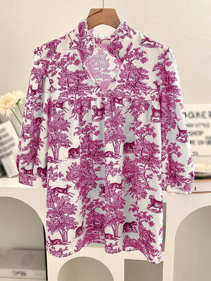 Women's V-neck Ruffle Collar Printed Shirts