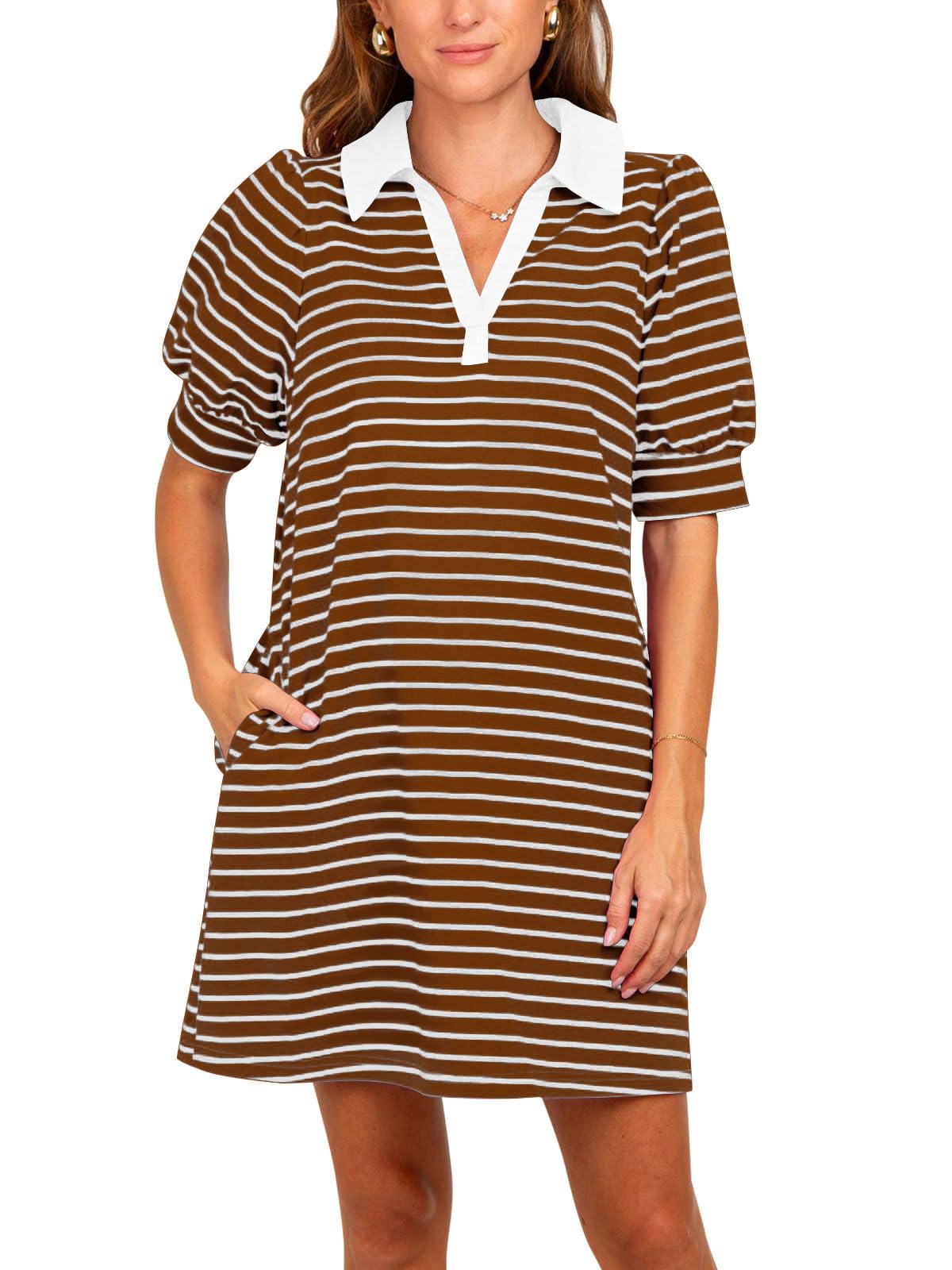 Women's Striped Puff Polo T-shirt Dresses with Pockets
