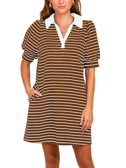 Women's Striped Puff Polo T-shirt Dresses with Pockets