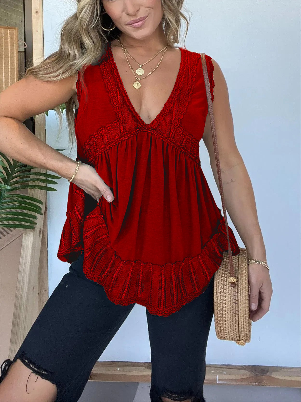 New V-neckline Sleeveless Flow Top with Lace Trim