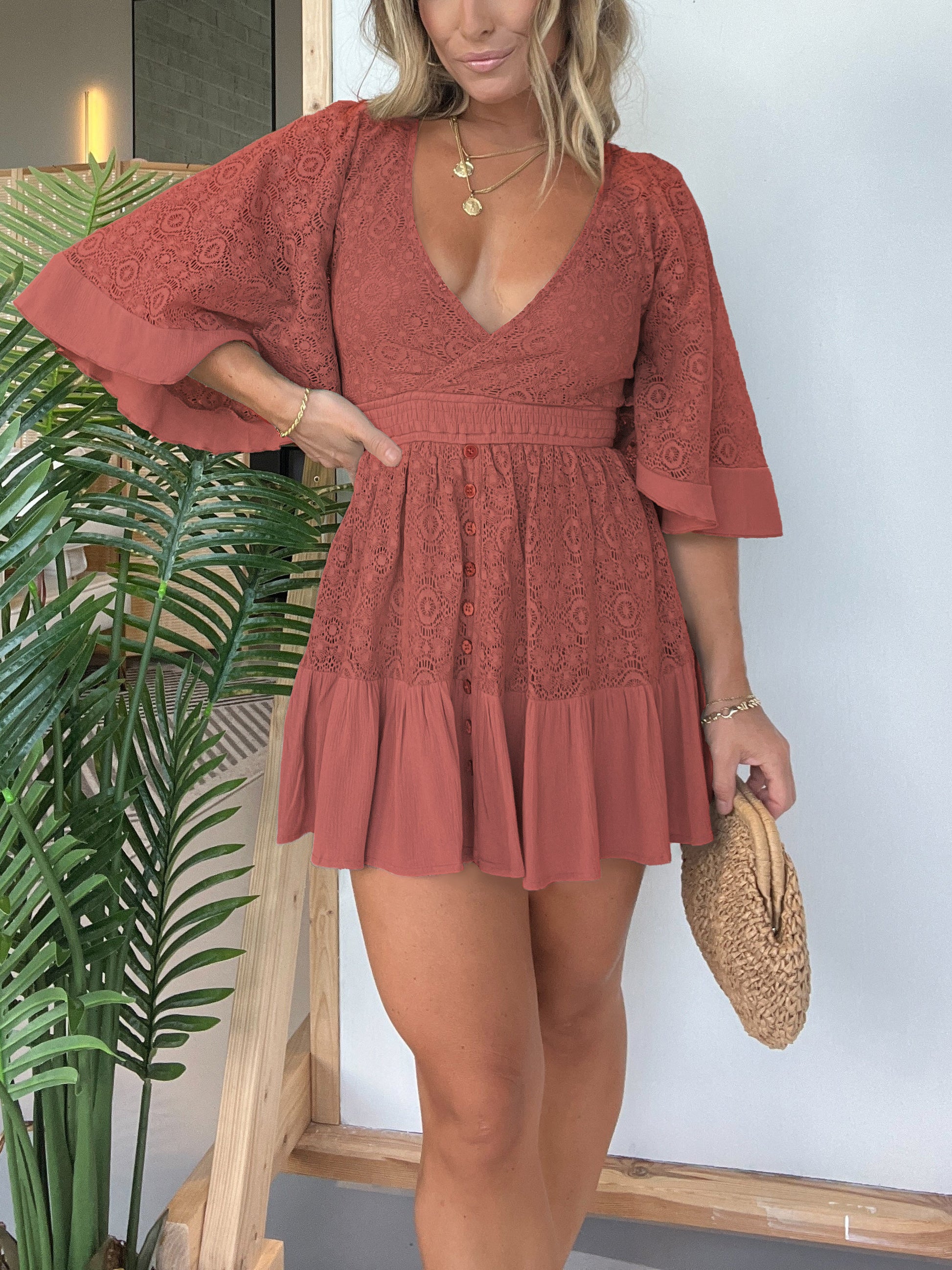 Women's Lace Crochet Romper Dress with Built-in Shorts Pinklaura Women's Lace Crochet Romper Dress with Built-in Shorts Pinklaura