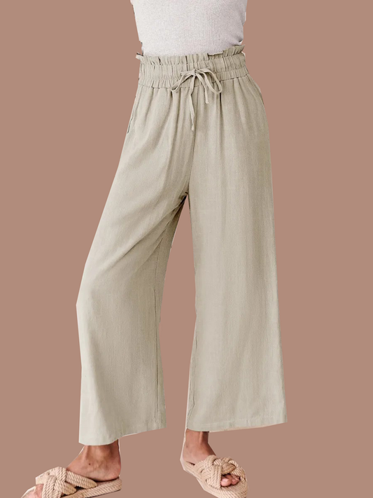 Women's High Waist Drawstring Wide Leg Linen Pants