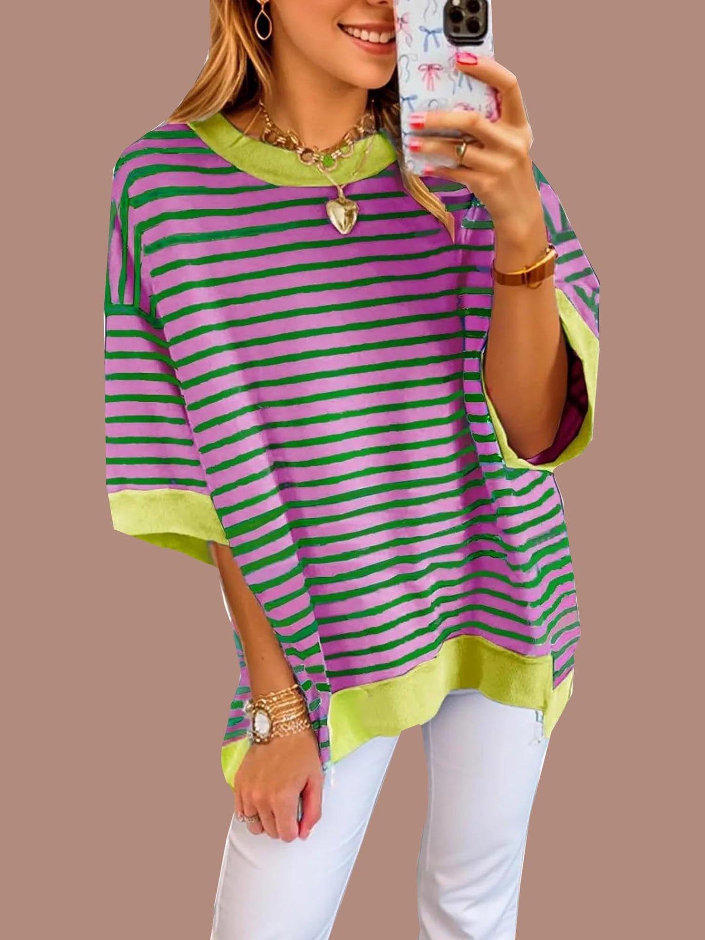 Women's Oversized Striped Color Block Half Sleeve Tops