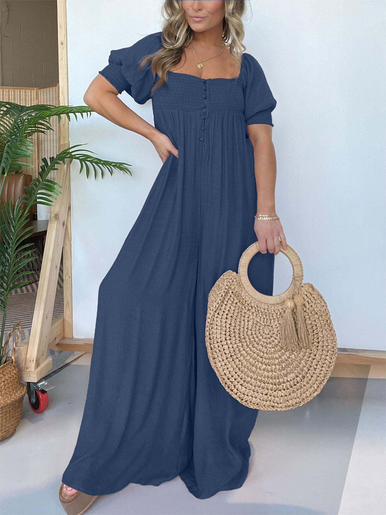 Women's Square Neckline Jumpsuit with Smocked Bodice Button