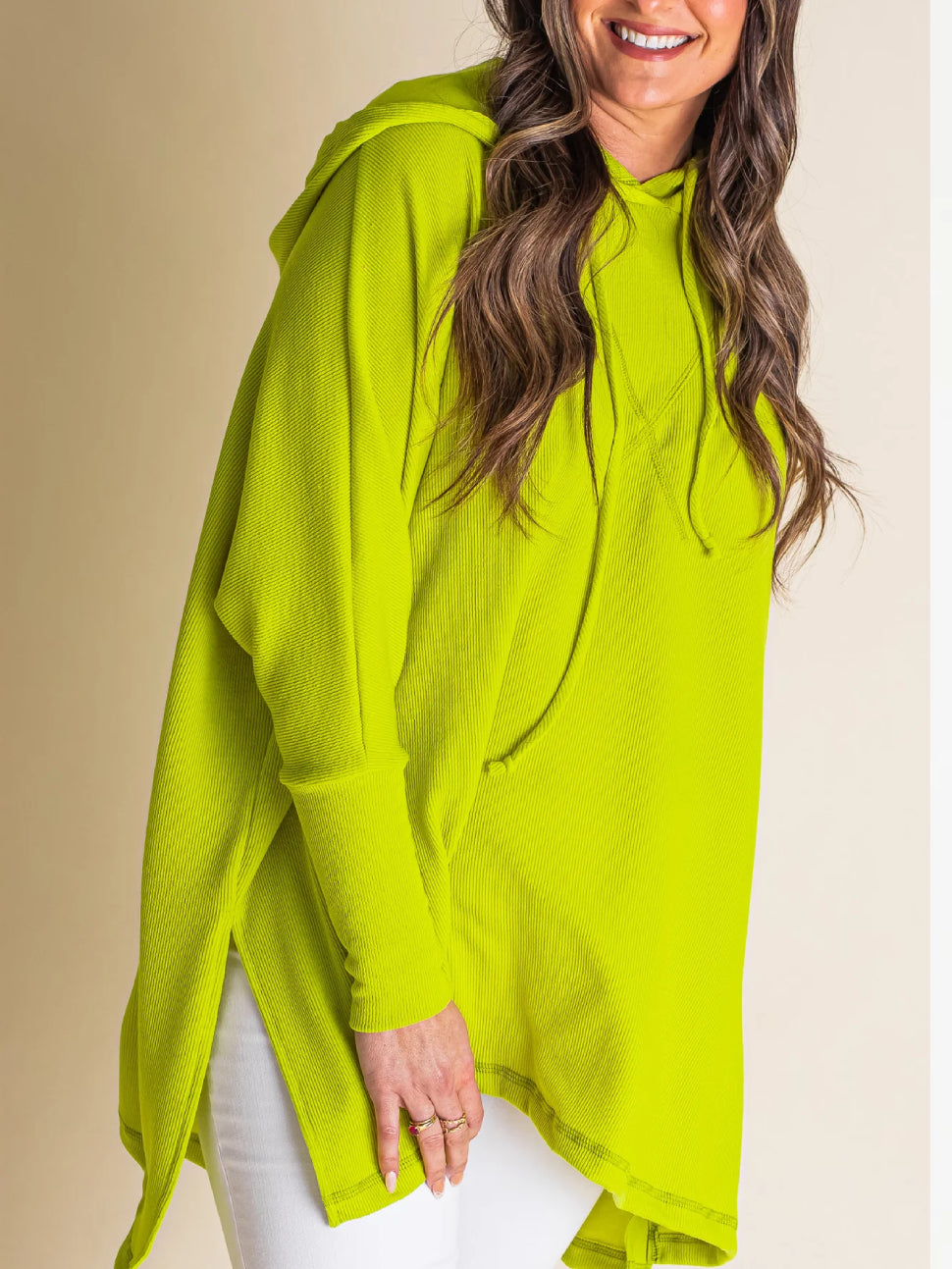 Women's Oversized Bat Sleeve Ribbed Hooded Pullover