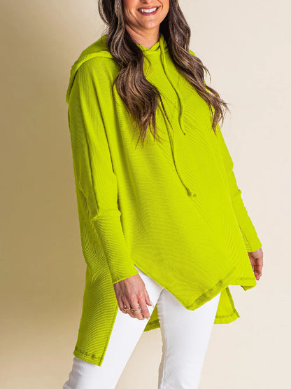 Women's Oversized Bat Sleeve Ribbed Hooded Pullover