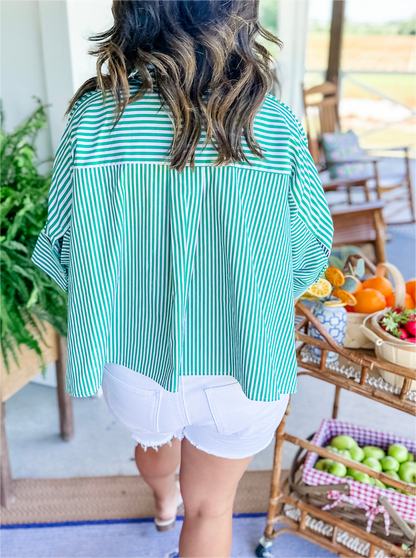 Women's Striped Button Shirt Side Slit Hem Swing Top