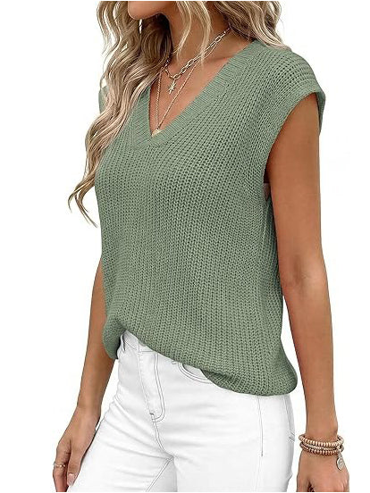 Women's V-Neck Knit Cap Sleeve Sweater Vest