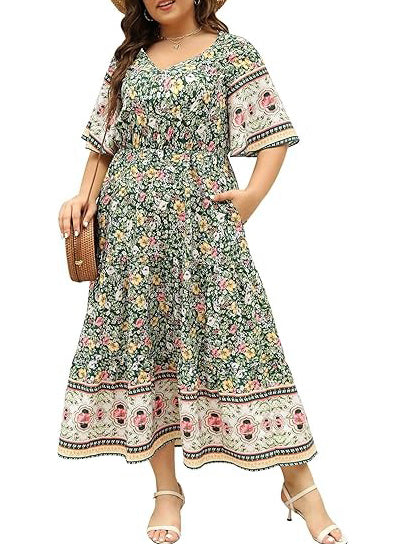 Boho Printed Empire Waist Plus Size Midi Dress