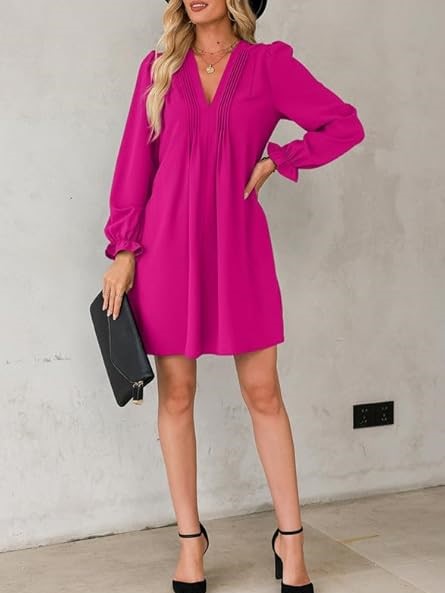 Women's V Neck Long Sleeve Ruffle Classic Dress