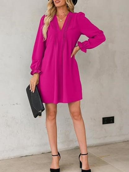 Women's V Neck Long Sleeve Ruffle Classic Dress