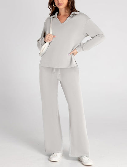 Women's Casual Polo Top and Wide Leg Pants Matching Sets