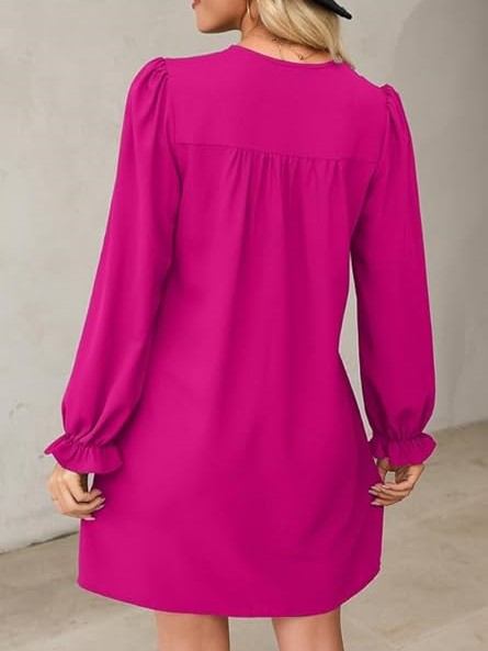 Women's V Neck Long Sleeve Ruffle Classic Dress