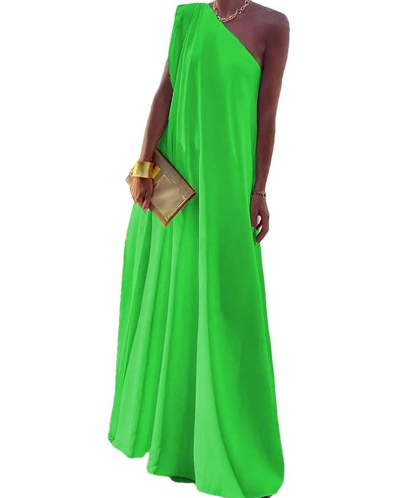 Women's Loose Asym Solid Split One-Shoulder Maxi Dress