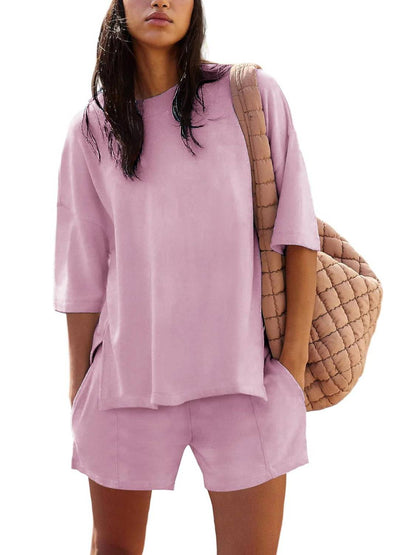 Women's Casual Matching Set with Slit Top and Shorts