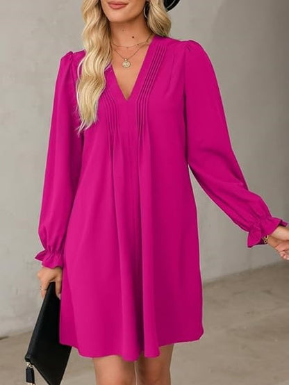 Women's V Neck Long Sleeve Ruffle Classic Dress