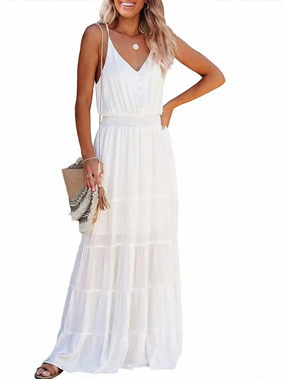 Women's Spaghetti Strap V-Neck Tiered Maxi Dress
