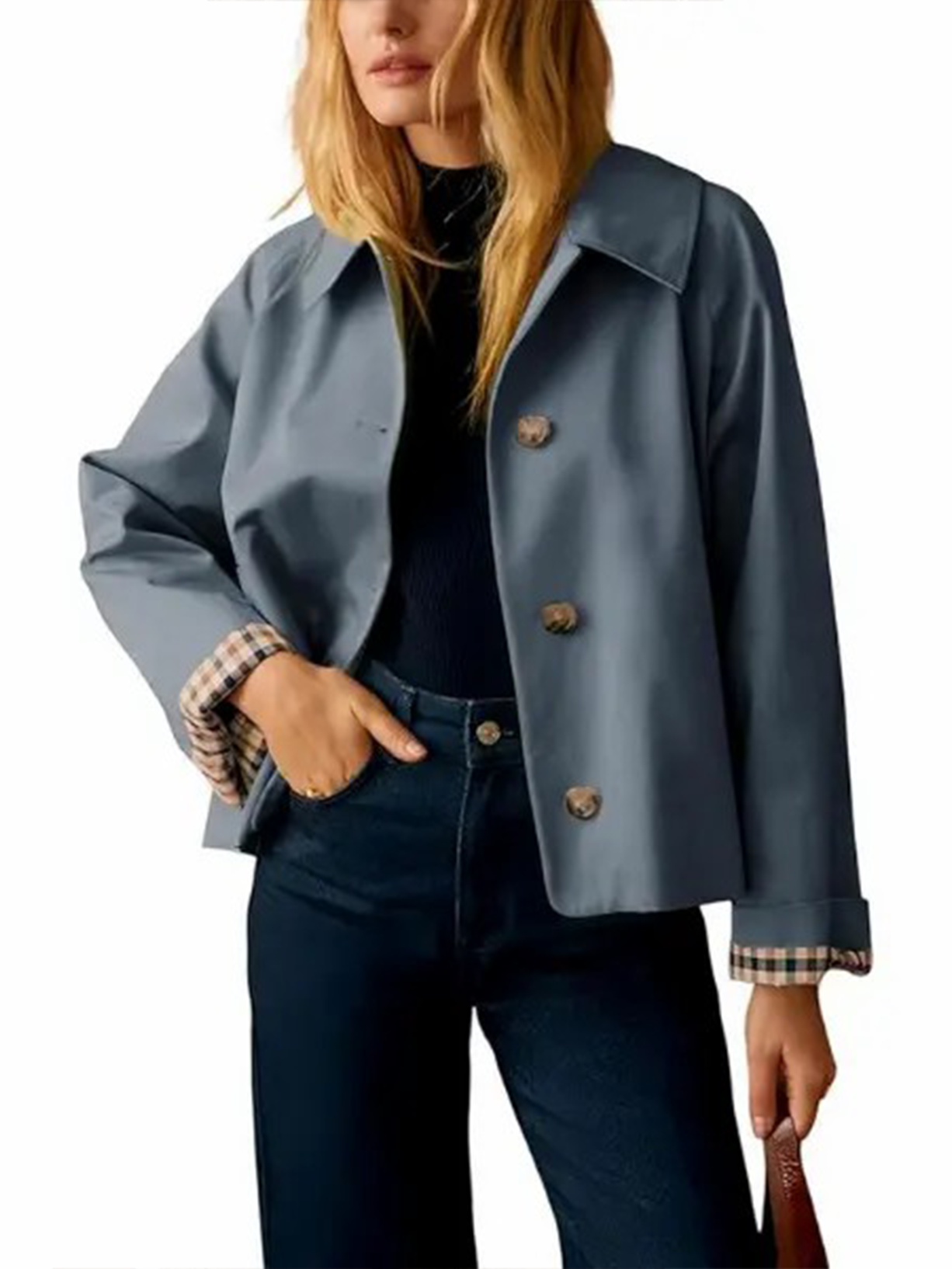 Women's Cropped Trench Jacket With Plaid Cuff Lining