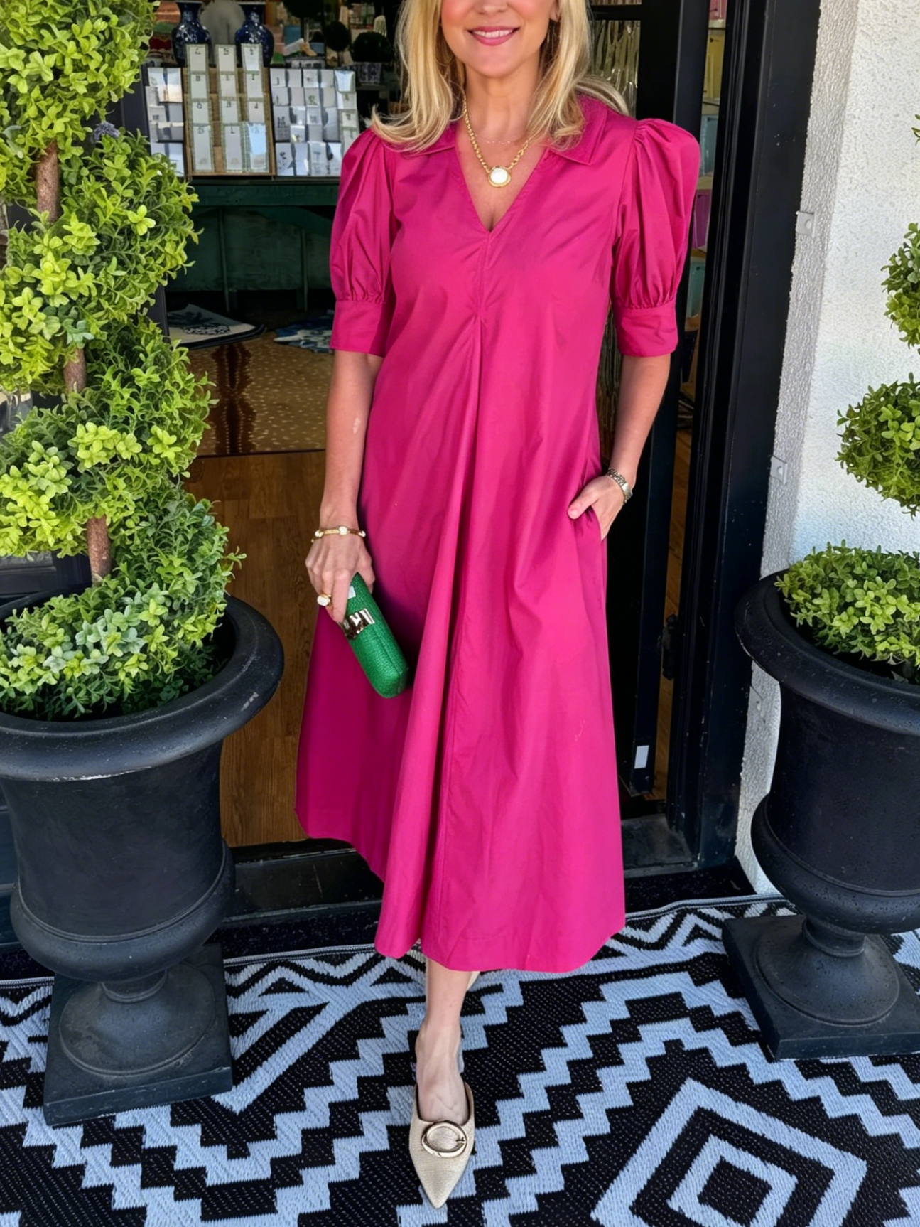 Women's Puff Sleeve A-Line Midi Dress