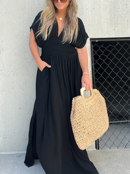 V-neck Dress With Slit And Gathered Waist
