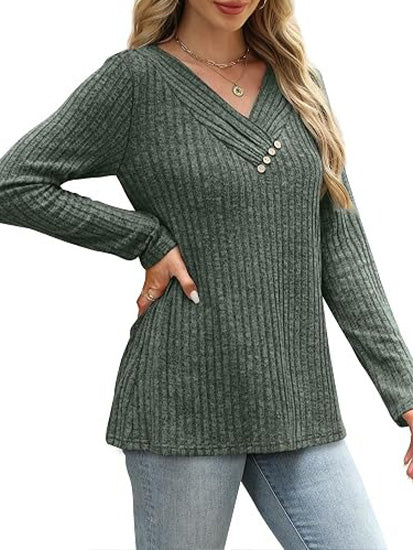 Women's Ribbed V‑Neck Decorative Button Fall Top