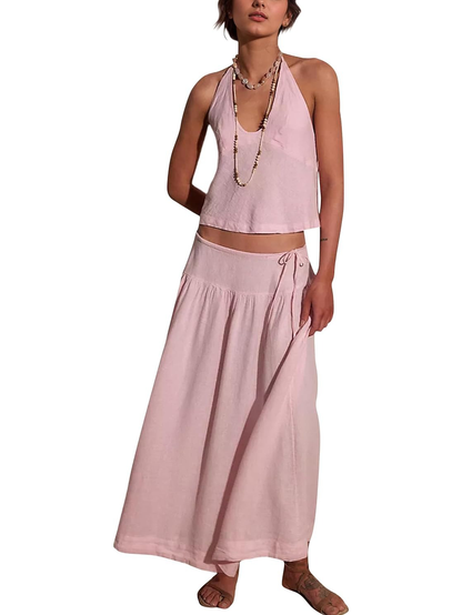Women's Deep V‑Neck Halter Matching Skirt Set