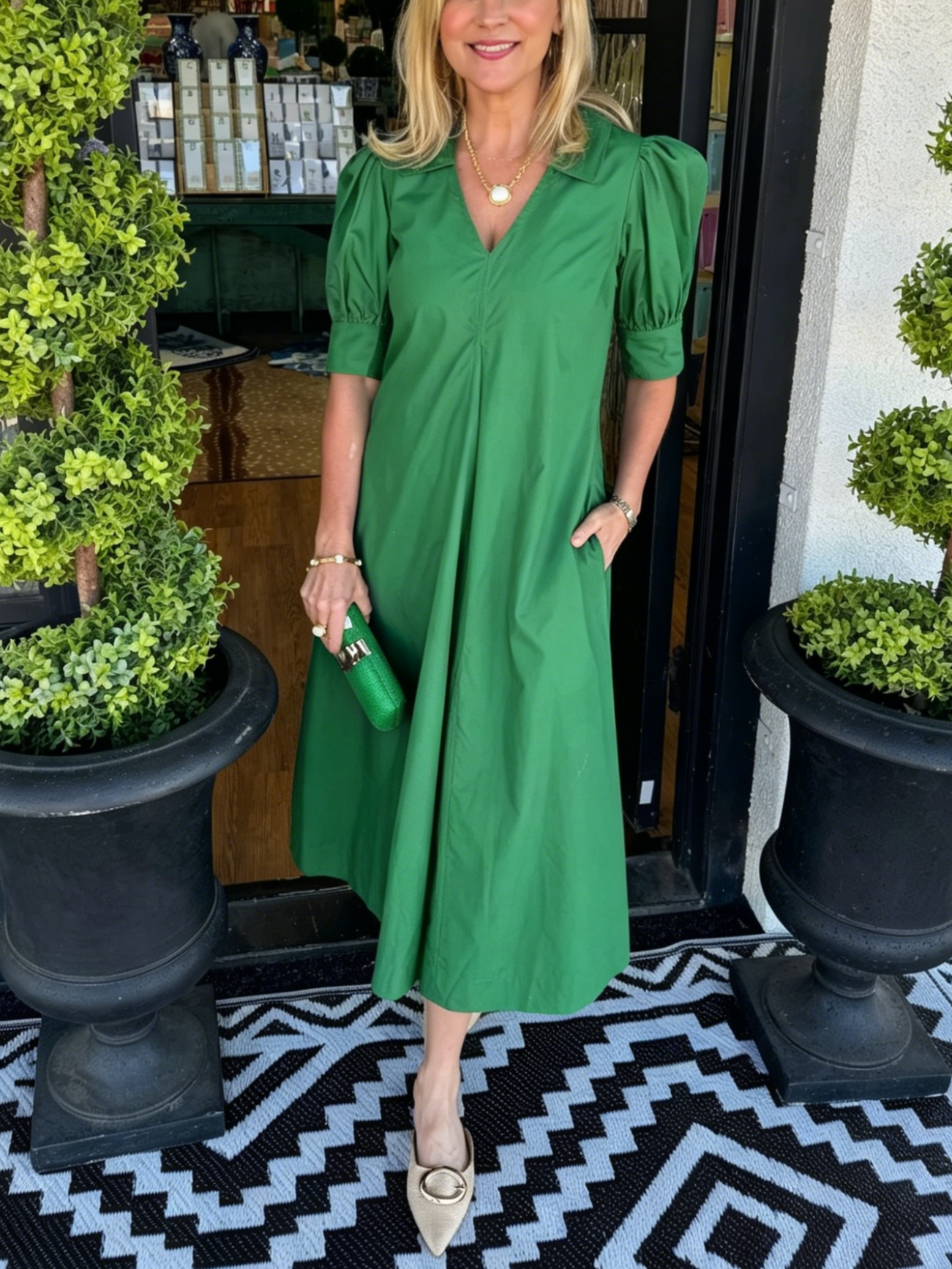 Women's Puff Sleeve A-Line Midi Dress