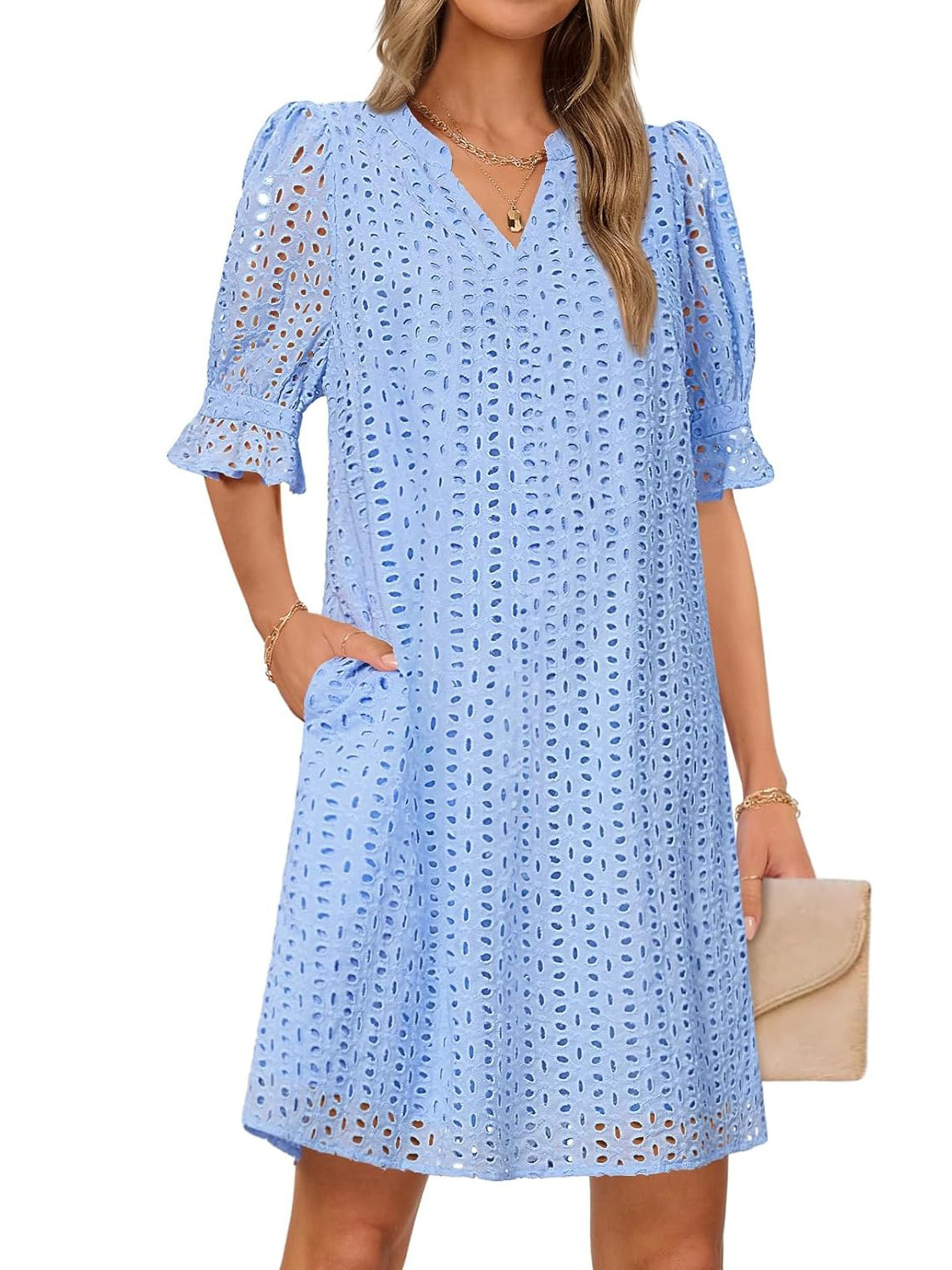 Flounce Sleeve Eyelet Tunic Dress for Women