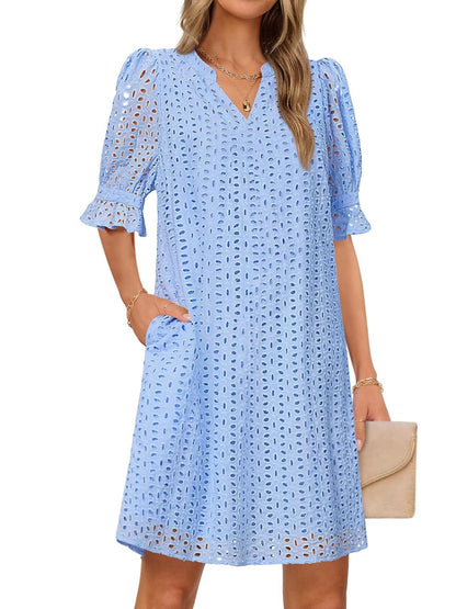 Flounce Sleeve Eyelet Tunic Dress for Women