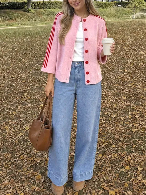Women's Casual Striped 3/4 Sleeve Knit Cardigan