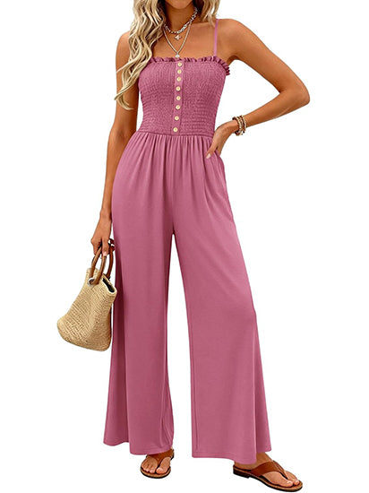 Women's Smocked Bustier Wide Leg Jumpsuit with Pockets