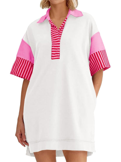 Women's Striped Colorblock Polo Collar Casual Dress
