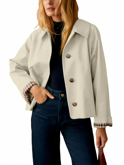 Women's Cropped Trench Jacket With Plaid Cuff Lining
