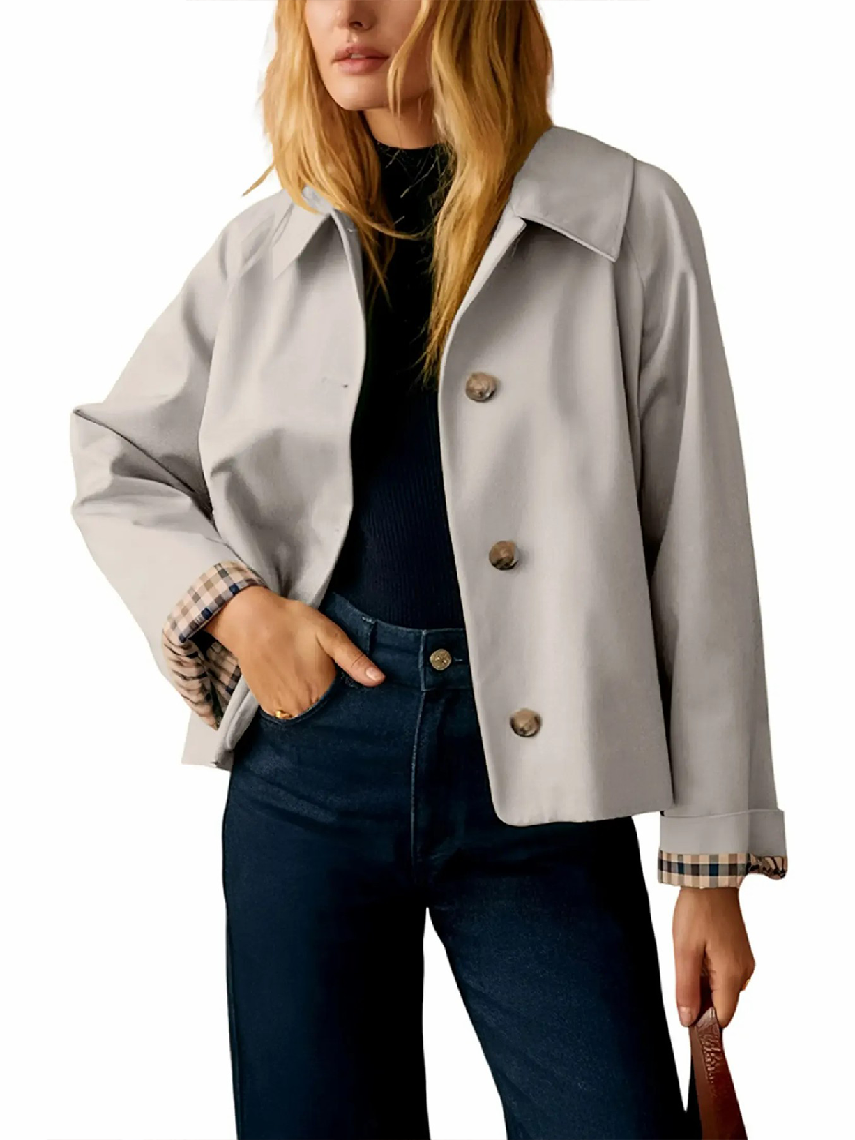 Women's Cropped Trench Jacket With Plaid Cuff Lining