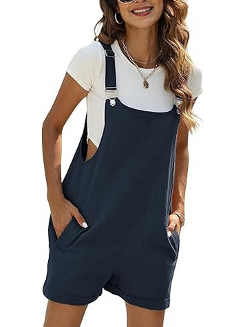 Women's Cotton Linen Short Overalls with Pockets