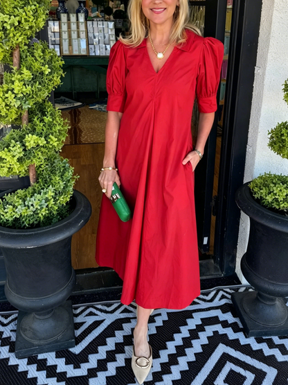 Women's Puff Sleeve A-Line Midi Dress
