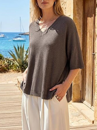 Women's V-Neck Elbow Sleeve Wool Blend Oversized Sweater