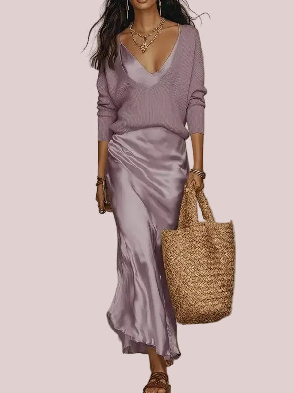 Women's 2-Piece Knit Satin Dress Set