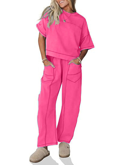 Women's Two Piece Sweatsuit Set with Cropped Top and Wide Leg Pants