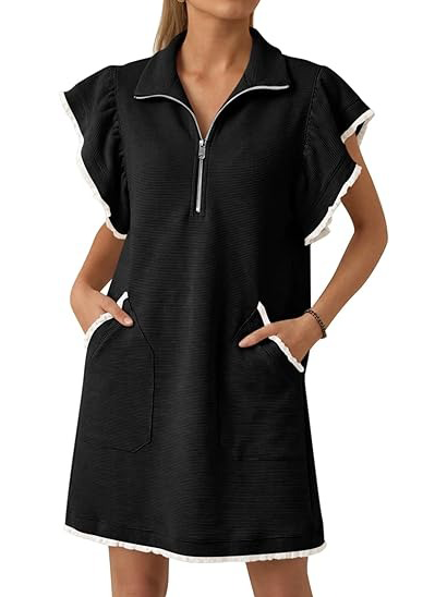 Women's Half-Zip Ruffle Sleeve Mini Dress with Pockets